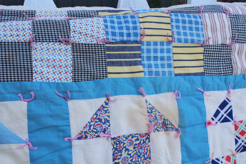 photo of vintage handmade patchwork quilt, windmill blocks nice old cotton print fabrics #7