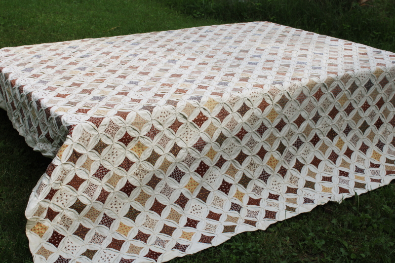 photo of vintage handmade quilt, cathedral windows cream cotton w/ 70s calico floral prints prairie girl browns  #1