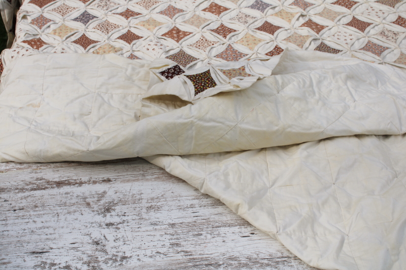 photo of vintage handmade quilt, cathedral windows cream cotton w/ 70s calico floral prints prairie girl browns  #2