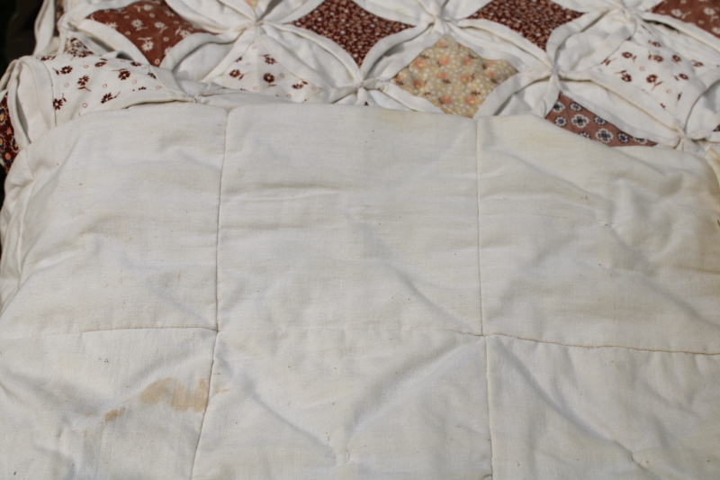 photo of vintage handmade quilt, cathedral windows cream cotton w/ 70s calico floral prints prairie girl browns  #3