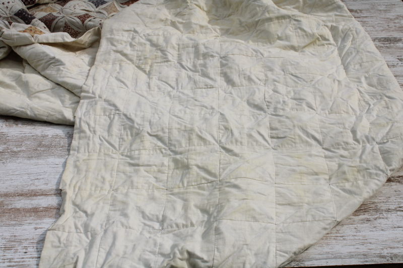 photo of vintage handmade quilt, cathedral windows cream cotton w/ 70s calico floral prints prairie girl browns  #4