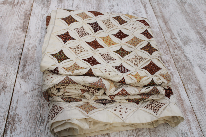 photo of vintage handmade quilt, cathedral windows cream cotton w/ 70s calico floral prints prairie girl browns  #6