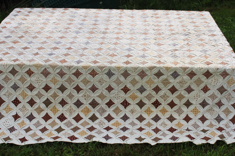 photo of vintage handmade quilt, cathedral windows cream cotton w/ 70s calico floral prints prairie girl browns  #7