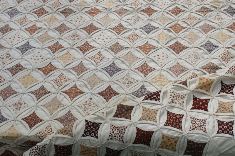 photo of vintage handmade quilt, cathedral windows cream cotton w/ 70s calico floral prints prairie girl browns  #8
