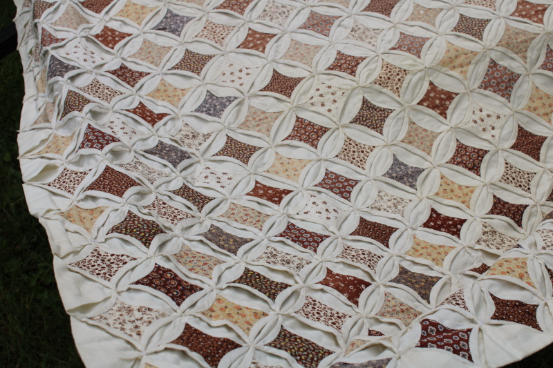 photo of vintage handmade quilt, cathedral windows cream cotton w/ 70s calico floral prints prairie girl browns  #9