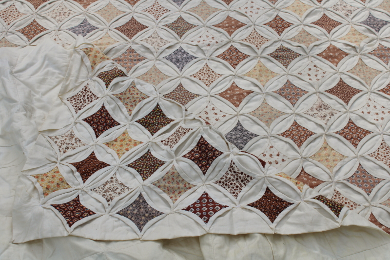 photo of vintage handmade quilt, cathedral windows cream cotton w/ 70s calico floral prints prairie girl browns  #10