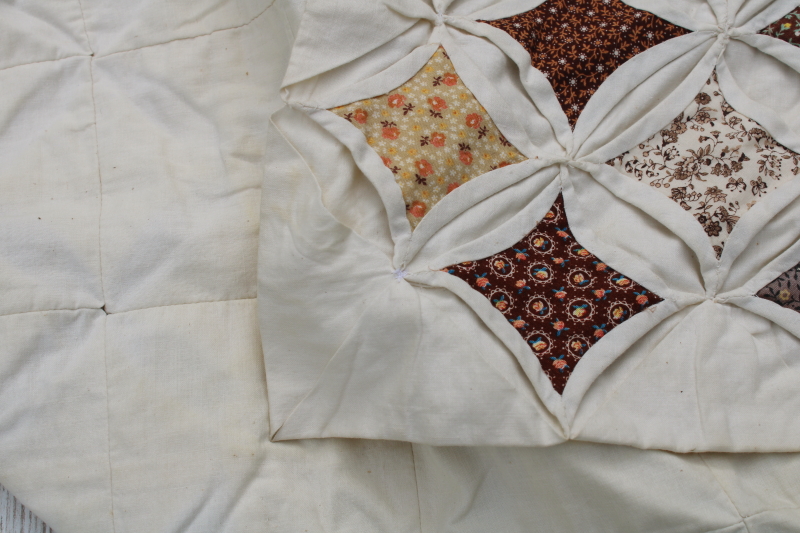 photo of vintage handmade quilt, cathedral windows cream cotton w/ 70s calico floral prints prairie girl browns  #11