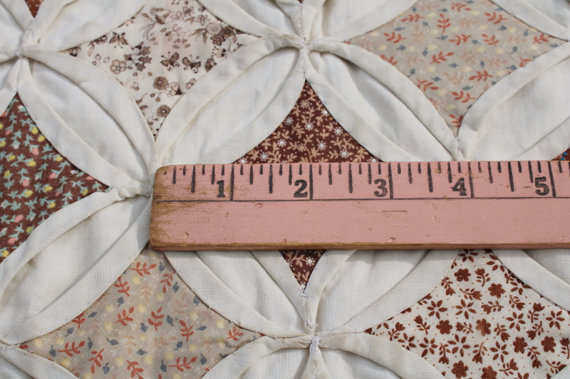 photo of vintage handmade quilt, cathedral windows cream cotton w/ 70s calico floral prints prairie girl browns  #12