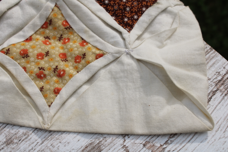 photo of vintage handmade quilt, cathedral windows cream cotton w/ 70s calico floral prints prairie girl browns  #13