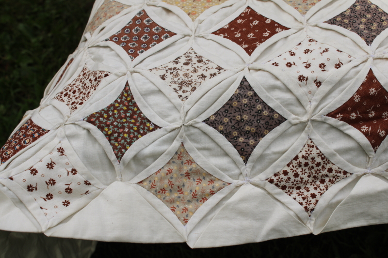 photo of vintage handmade quilt, cathedral windows cream cotton w/ 70s calico floral prints prairie girl browns  #14