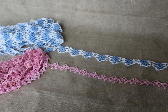 photo of vintage handmade tatted lace edgings, pink, blue & white cotton thread lace tatting #1