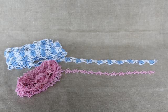 photo of vintage handmade tatted lace edgings, pink, blue & white cotton thread lace tatting #2