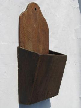 catalog photo of vintage handmade walnut wood wall box or match holder, black forest primitive style