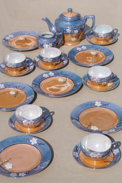 photo of vintage hand-painted Japan cherry / plum blossom porcelain tea set, pot, cups & saucers, plates #1