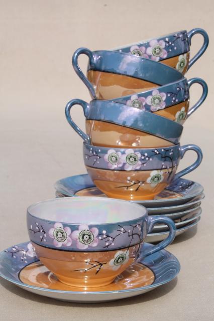 photo of vintage hand-painted Japan cherry / plum blossom porcelain tea set, pot, cups & saucers, plates #10