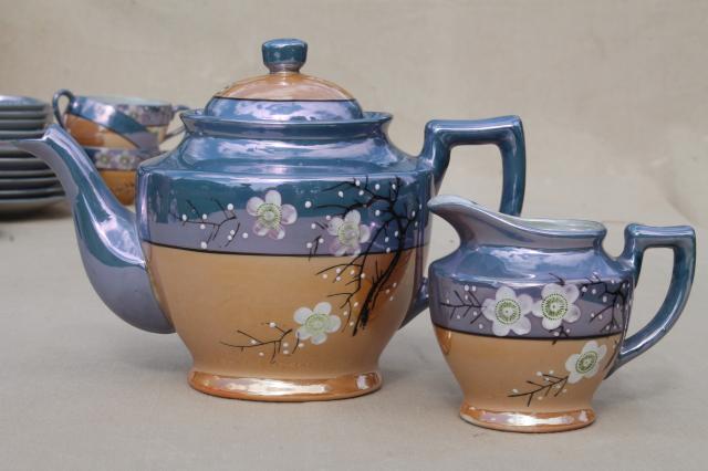 photo of vintage hand-painted Japan cherry / plum blossom porcelain tea set, pot, cups & saucers, plates #12