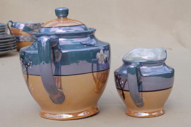 photo of vintage hand-painted Japan cherry / plum blossom porcelain tea set, pot, cups & saucers, plates #15