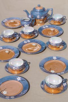 catalog photo of vintage hand-painted Japan cherry / plum blossom porcelain tea set, pot, cups & saucers, plates