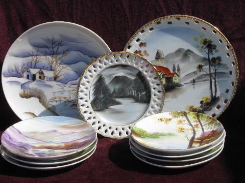 photo of vintage hand-painted Japan plates collection, landscapes, nature scenes #1