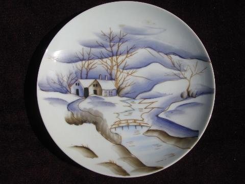 photo of vintage hand-painted Japan plates collection, landscapes, nature scenes #7