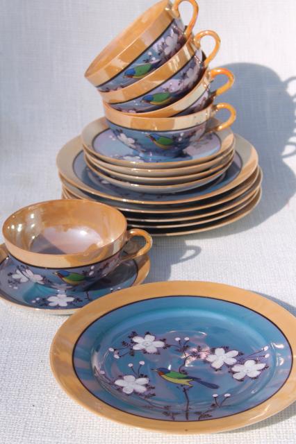 photo of vintage hand-painted Japan porcelain tea set, pot, cups & saucers, plates w/ parrots #4