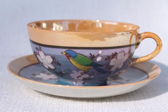 photo of vintage hand-painted Japan porcelain tea set, pot, cups & saucers, plates w/ parrots #6