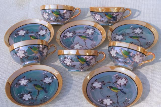 photo of vintage hand-painted Japan porcelain tea set, pot, cups & saucers, plates w/ parrots #7
