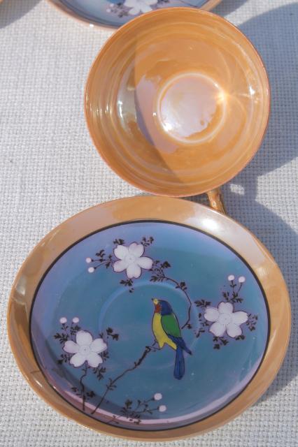 photo of vintage hand-painted Japan porcelain tea set, pot, cups & saucers, plates w/ parrots #8