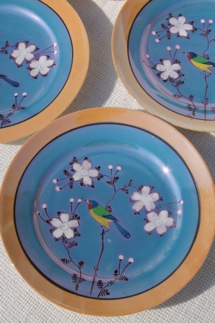 photo of vintage hand-painted Japan porcelain tea set, pot, cups & saucers, plates w/ parrots #11