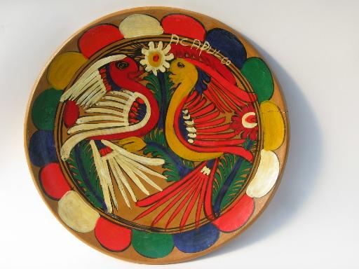 photo of vintage hand-painted Mexican pottery from Acapulco, plate w/ bright birds #1