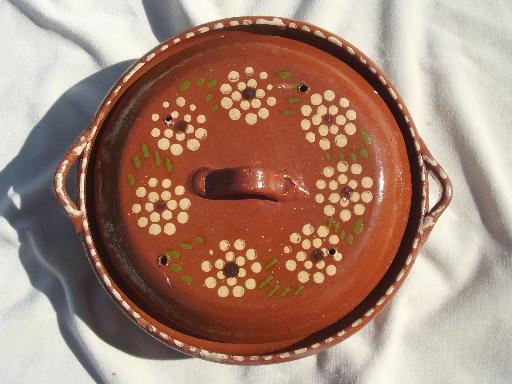 photo of vintage hand-painted Mexican pottery, terracotta covered bowl  #3
