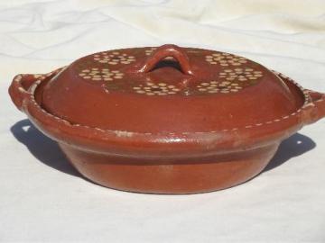 catalog photo of vintage hand-painted Mexican pottery, terracotta covered bowl 