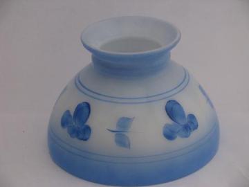 catalog photo of vintage hand-painted blue & white milk glass replacement student lamp shade