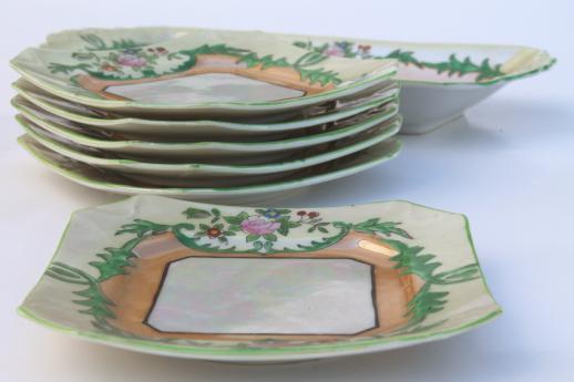 photo of vintage hand-painted china dessert set, long torte plate tray & square cake plates Made in Japan  #4