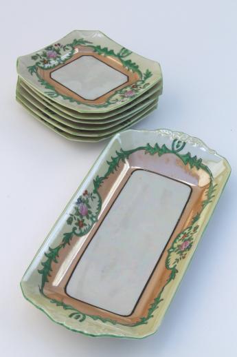 photo of vintage hand-painted china dessert set, long torte plate tray & square cake plates Made in Japan  #9