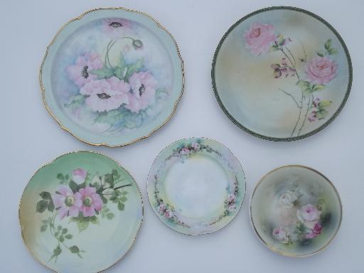 photo of vintage hand-painted china plates & bowl, pink roses floral painted porcelain #1