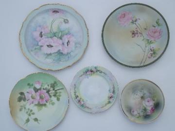 catalog photo of vintage hand-painted china plates & bowl, pink roses floral painted porcelain