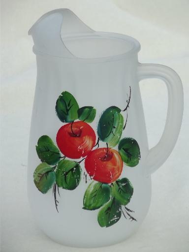 photo of vintage hand-painted frosted glass juice pitcher, Gay Fad or Bartlett Collins #1