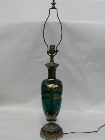 photo of vintage hand-painted gilt Venetian art glass lamp, shabby metal stand #3