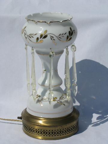 photo of vintage hand-painted glass mantle or banquet lamp, french white & gold, long prism lusters #1