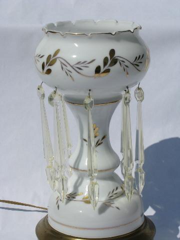 photo of vintage hand-painted glass mantle or banquet lamp, french white & gold, long prism lusters #2