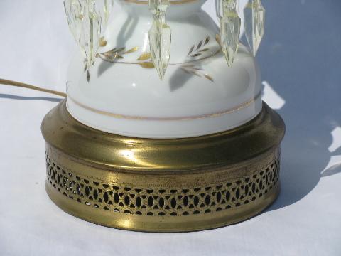 photo of vintage hand-painted glass mantle or banquet lamp, french white & gold, long prism lusters #3