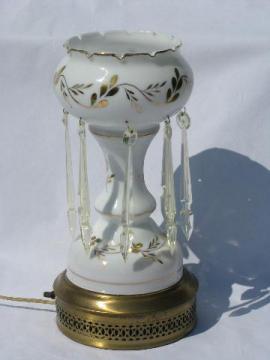 catalog photo of vintage hand-painted glass mantle or banquet lamp, french white & gold, long prism lusters