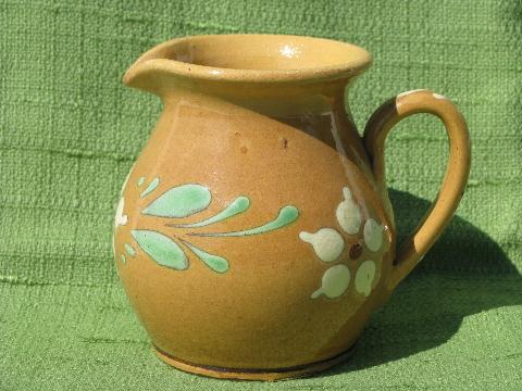 photo of vintage hand-painted milk pitcher, stoneware pottery w/ S bar mark #1