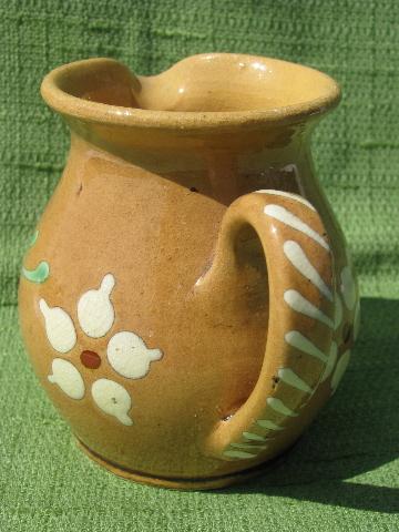 photo of vintage hand-painted milk pitcher, stoneware pottery w/ S bar mark #3