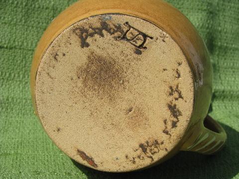 photo of vintage hand-painted milk pitcher, stoneware pottery w/ S bar mark #4