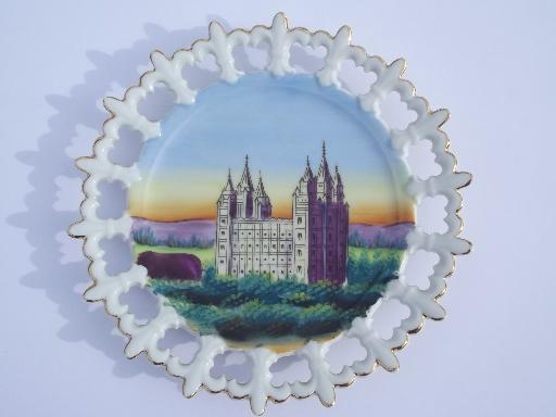 photo of vintage handpainted plate w/ the Mormon Temple, ribbon china wall hanger #1