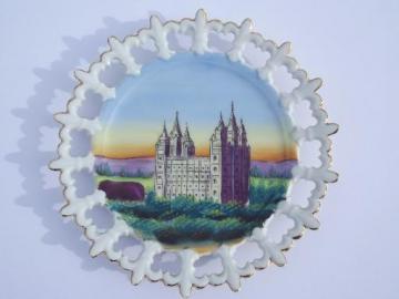 catalog photo of vintage handpainted plate w/ the Mormon Temple, ribbon china wall hanger