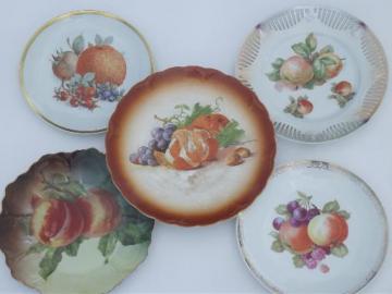 catalog photo of vintage hand-painted plates, old antique painted fruit plates collection