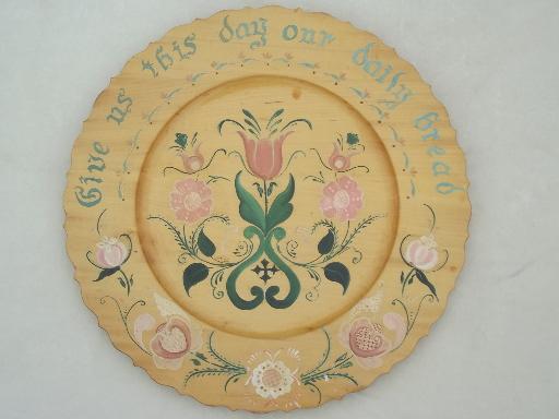 photo of vintage hand-painted rosemaling wood charger, old Daily Bread motto plate #1